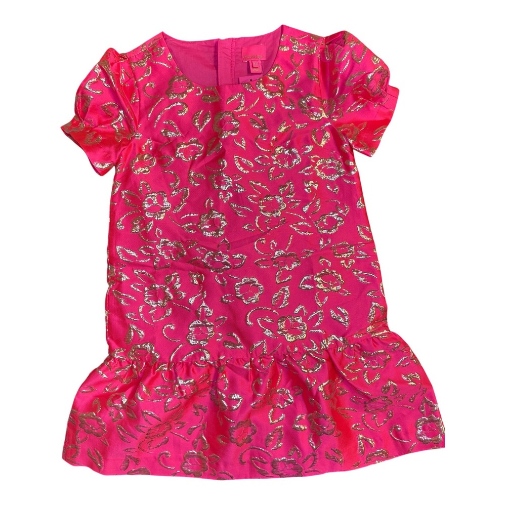 Lilly Pulitzer Erina Dress Girls 10 Pink Grenadine Gold Puff Floral Brocade NWT